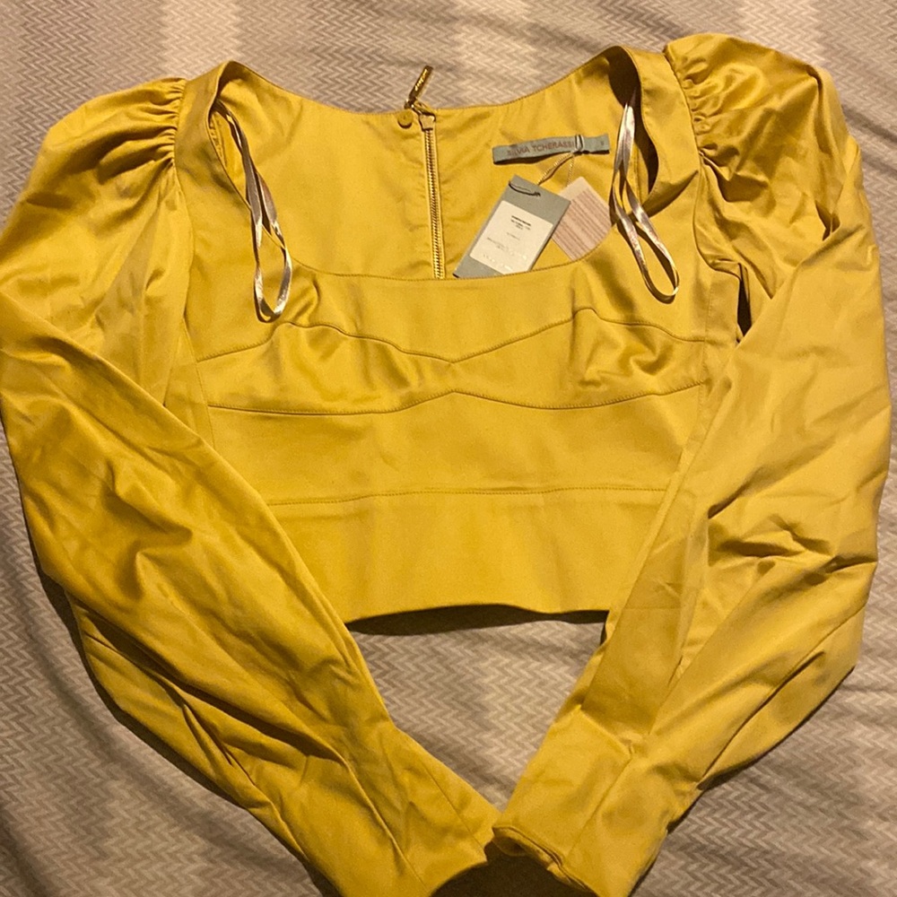 Silvia Tcherassi Yellow Square Neckline Long Sleeve Crop Top Small